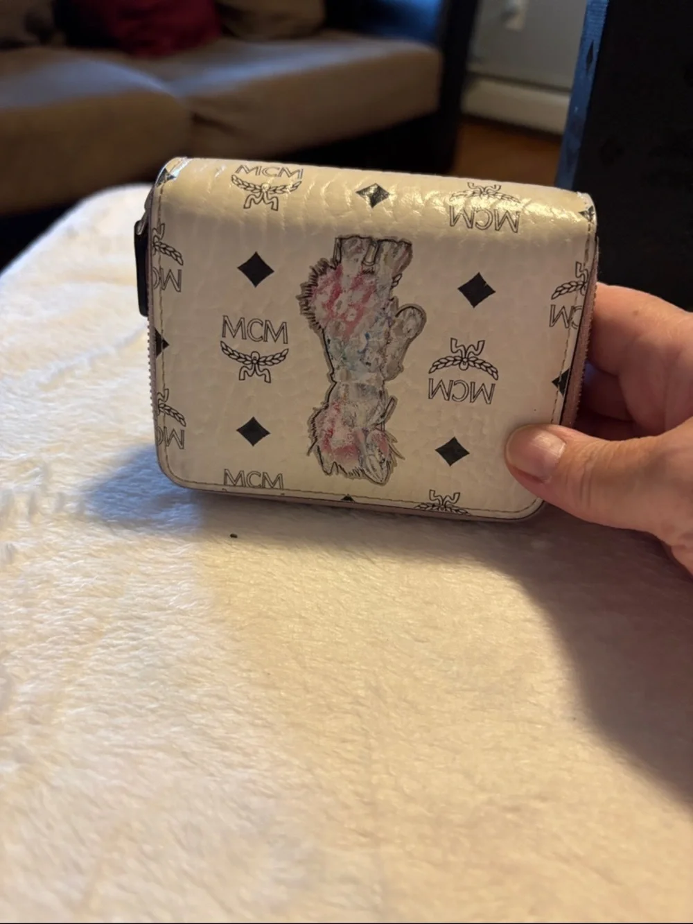 MCM White Logo Print Zip Wallet with Pastel Bunny Motif